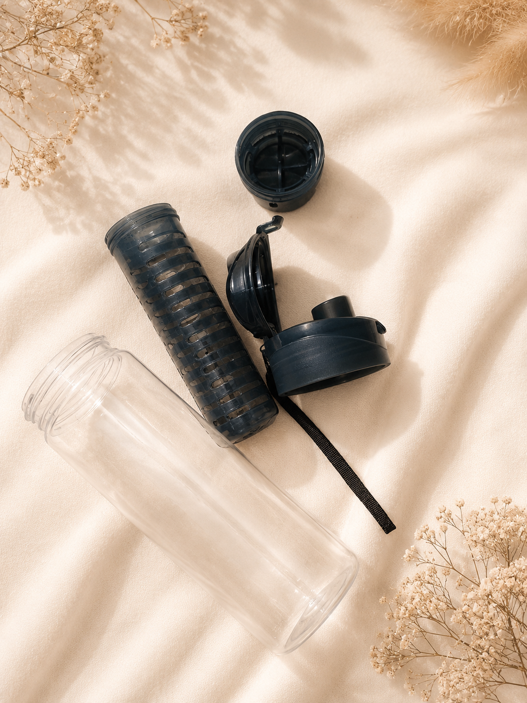 Transparent Water Bottle with Ice Container & Straw